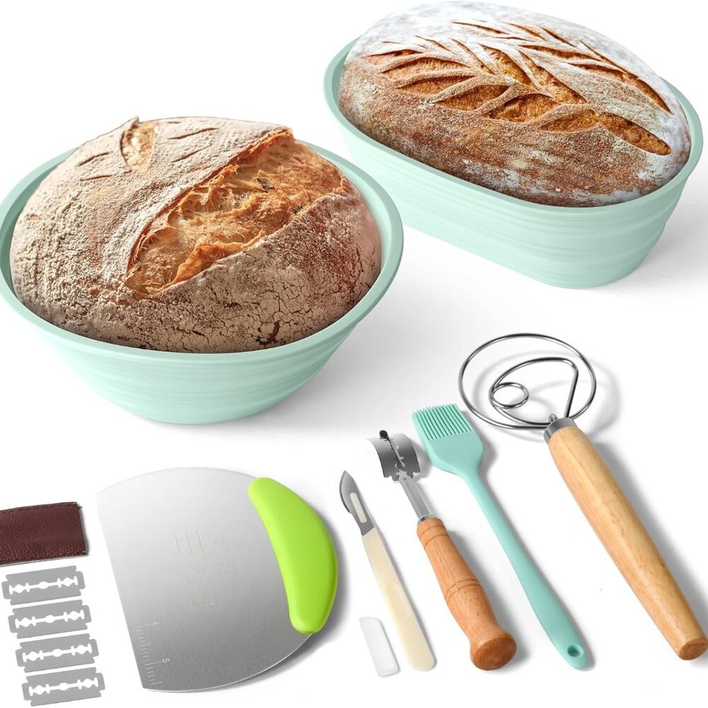 Silicone Banneton Bread Proofing Basket Set, 2 Foldable Sourdough Proofing Baske